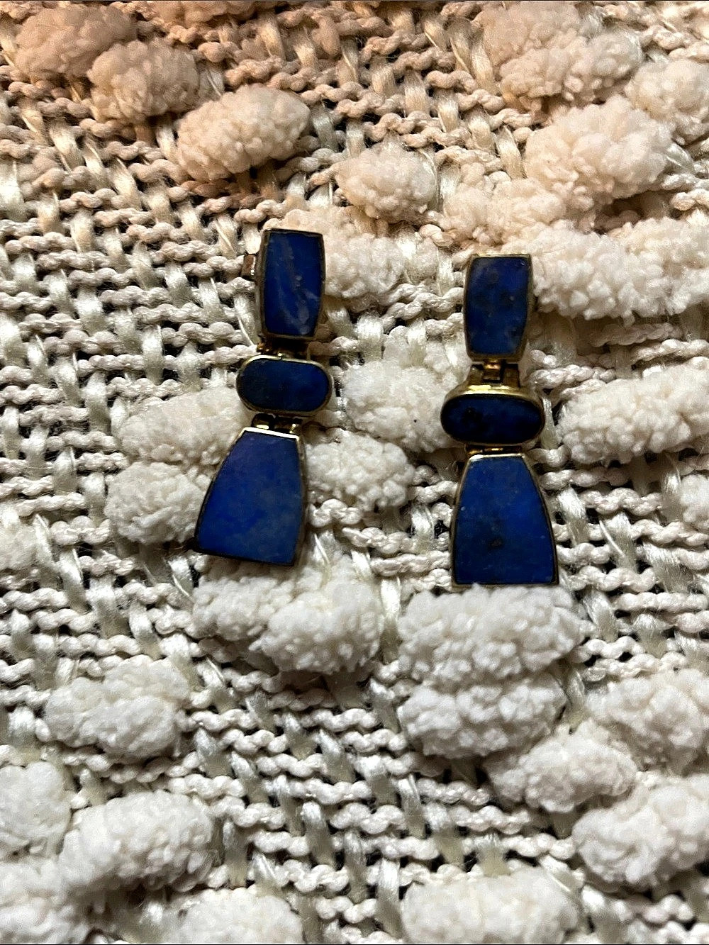 Vintage Gold Tone over Sterling Lapis Articulated Hinge Drop Pierce Earrings